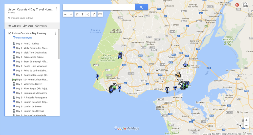 LisbonCascais4DayItineraryMapImage Travel Honey